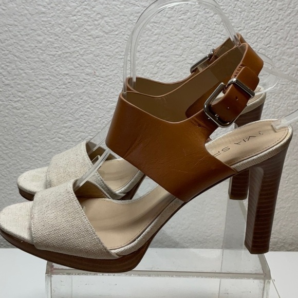 VIA SPIGA Leather Ankle Strap Sandal Tan Linen Color Block Size 9 - Picture 3 of 8